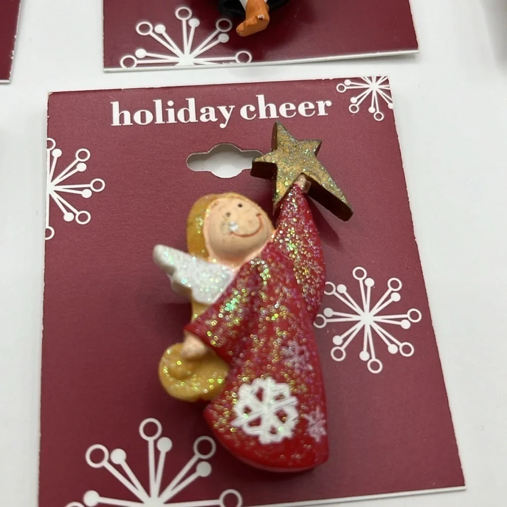 Christmas Brooches 5 and Set  and 1 Set Earrings Snowman Bell Penguin Angel Pins